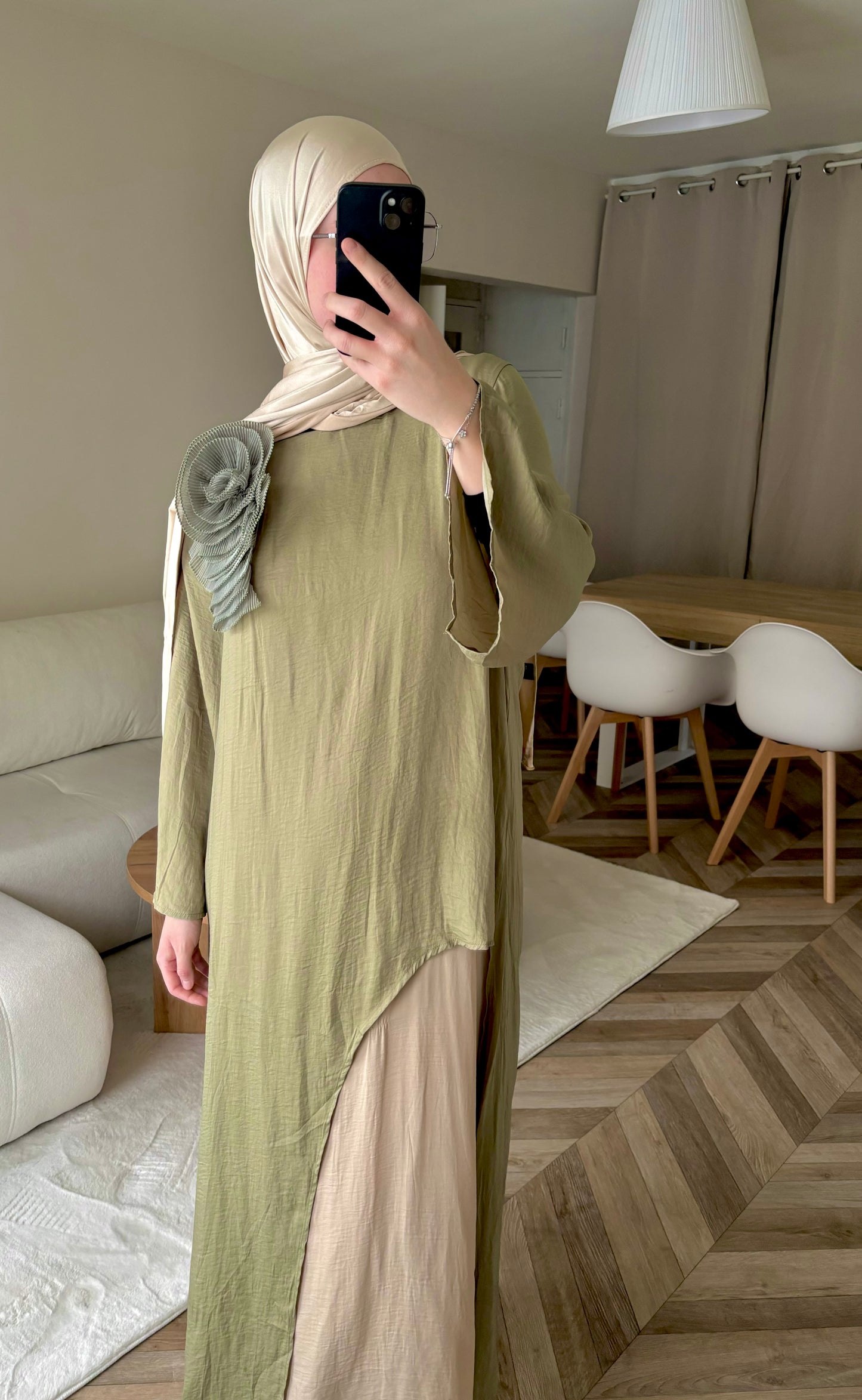 Robe Élégante Bicolore kaki claire