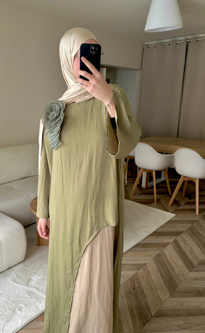 Robe Élégante Bicolore kaki claire