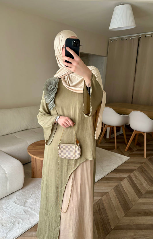 Robe Élégante Bicolore kaki claire